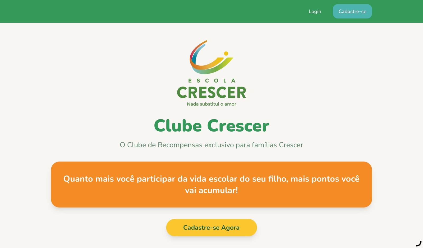 Tela inicial do Clube Crescer, clube de recompensas da Escola Crescer